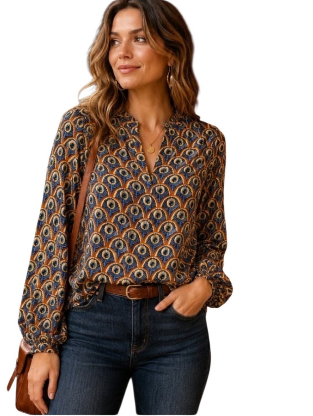 Women's Melloday Peacock Feathers Long Sleeve Top Sz XL